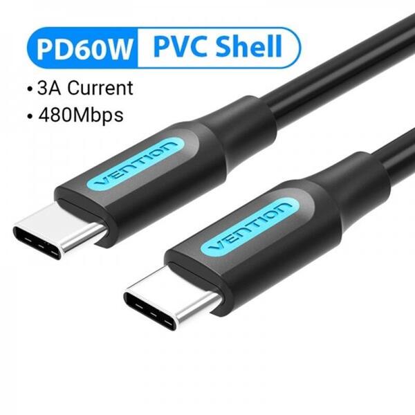 Кабель Vention USB Type-C - USB Type-C (M/M) TPE Round PD 60W, 3A, 2 м, Black (COSBH)