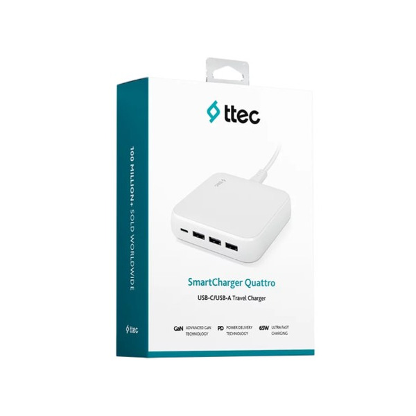 Мережевий зарядний пристрій Ttec SmartCharger Quattro GaN USB-C/USB-A 65W White (2SCG02B)