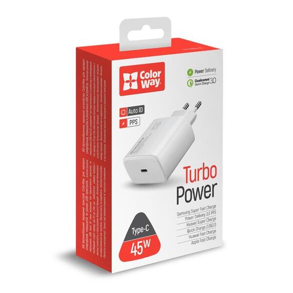 Сетевое зарядное устройство ColorWay Power Delivery Port PPS (1USB-Cx3A) (45W) White (CW-CHS034PD-WT)