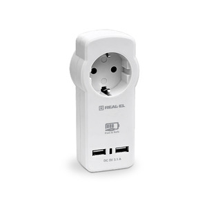 Мережевий зарядний пристрій з розеткою REAL-EL CS-30 (2USB, 3.1A) White