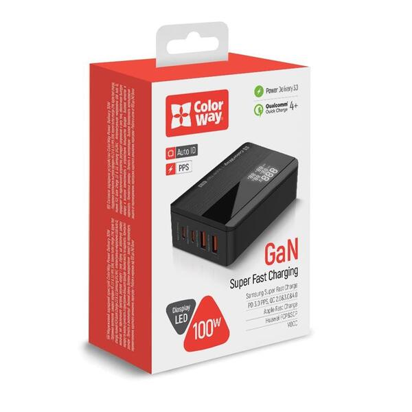 Сетевое зарядное устройство ColorWay Power Delivery GaN (2USB-A + 2USB TYPE-C) (100W) Black (CW-CHS041PD-BK)