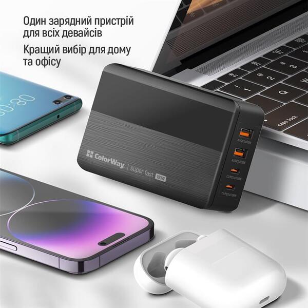 Сетевое зарядное устройство ColorWay Power Delivery GaN (2USB-A + 2USB TYPE-C) (100W) Black (CW-CHS041PD-BK)