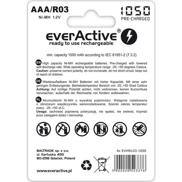 Аккумулятор everActive AAA/HR03 Ni-MH 1050mAh BL 4шт