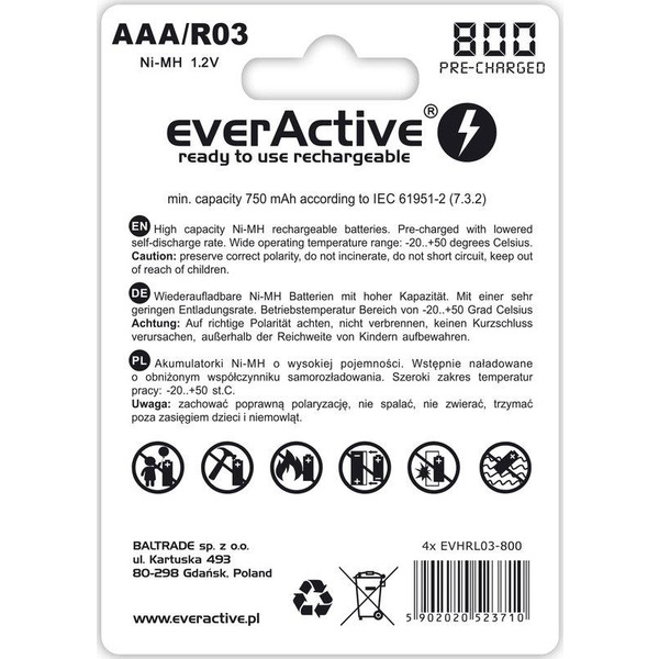 Аккумулятор everActive AAA/HR03 Ni-MH 800mAh BL 4шт
