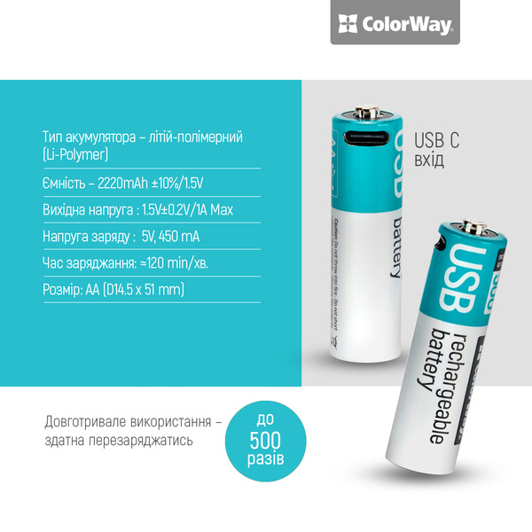 Аккумулятор USB-C ColorWay (CW-UBAA-10) AA/HR06 Li-Pol 2220 mAh BL 2шт