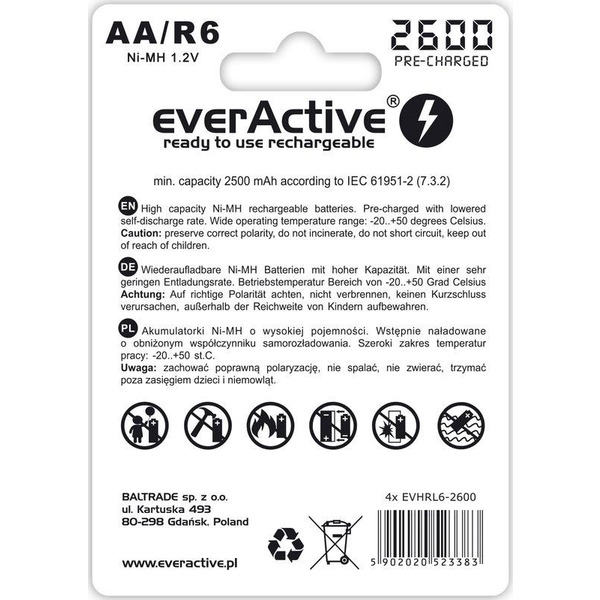 Аккумулятор everActive AA/HR06 Ni-MH 2600mAh BL 4шт