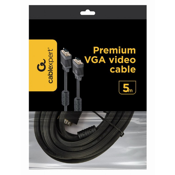 Кабель Cablexpert VGA - VGA (M/M), HD15, з 2-ма фер. кільцями, чорний, 5 м (CC-PPVGA-5M-B) пакет
