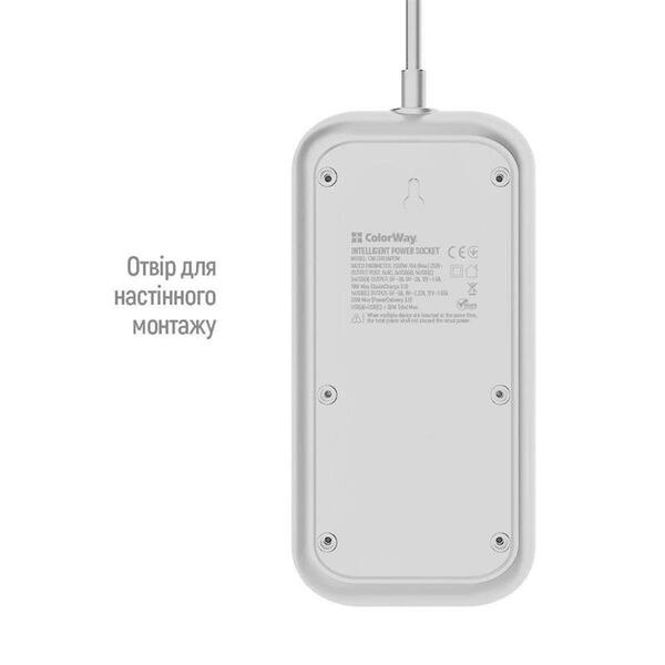 Фильтр питания ColorWay CW-CHE64PDW 6 розеток, 4USB (Type-C PD20W + 3USB QC3.0) (38W), 2м, White