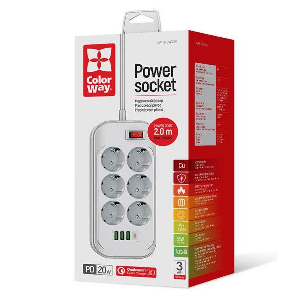 Фильтр питания ColorWay CW-CHE64PDW 6 розеток, 4USB (Type-C PD20W + 3USB QC3.0) (38W), 2м, White