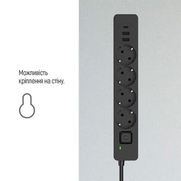 Фільтр живлення ColorWay CW-CHE432PDB 4 розетки, 3USB (2USB-A + 1 TYPE-C) (24W), 2м, Black