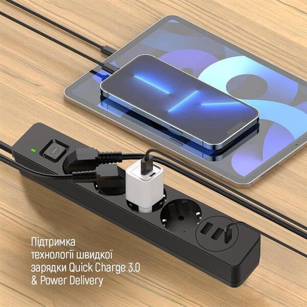 Фільтр живлення ColorWay CW-CHE432PDB 4 розетки, 3USB (2USB-A + 1 TYPE-C) (24W), 2м, Black