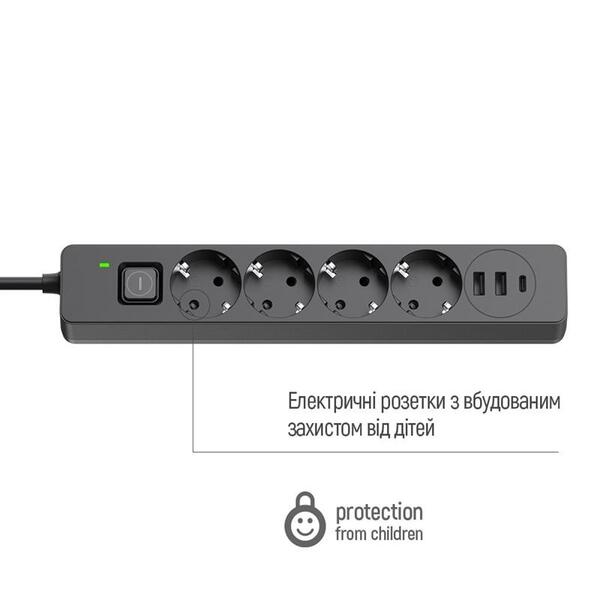 Фільтр живлення ColorWay CW-CHE432PDB 4 розетки, 3USB (2USB-A + 1 TYPE-C) (24W), 2м, Black