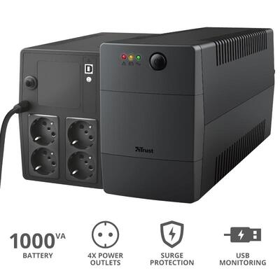 ИБП Trust Paxxon 1000VA UPS with 4 standard wall power outlets BLACK