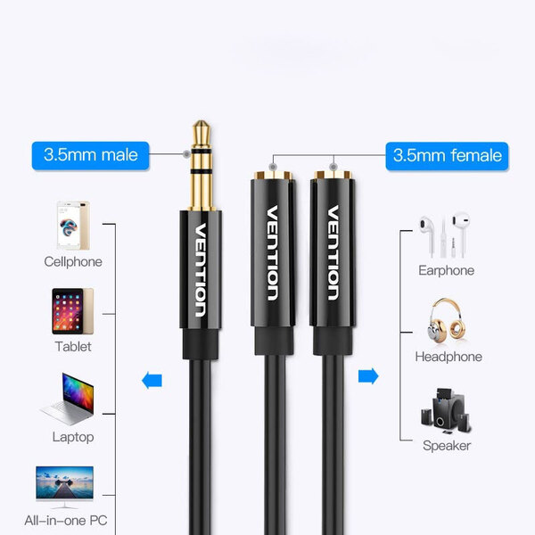 Кабель Vention Audio 3.5 mm M - 2х3.5 mm F, 0.3 m, Black (BBSBY)