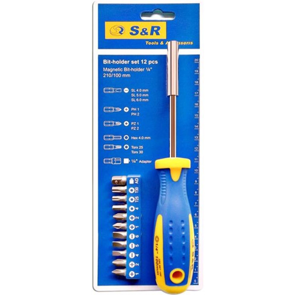 Викрутка-тримач біт S&R 1/4" 100 мм зі змінними бітами 11 шт (250011100)