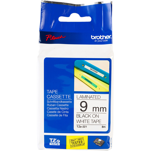 Стрічка Brother для принтерів етикеток ламінована, чорний на білому 9 мм 8 м (TZE221)