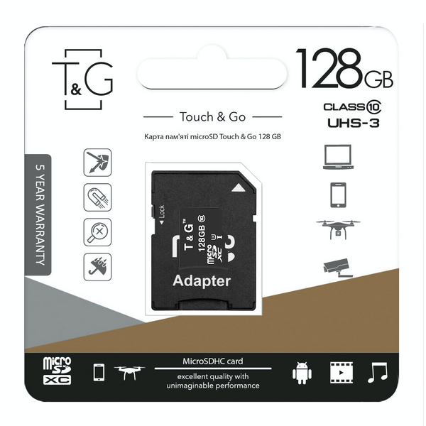 Карта пам`ятi MicroSDXC 128GB UHS-I U3 Class 10 T&amp;G + SD-adapter (TG-128GBSD10U3-01)