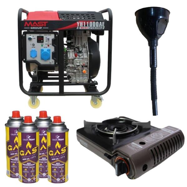Дизельный генератор MAST GROUP YH11000AE + газовая плитка Orcamp CK-505 + картридж газовый Pegas 400 мл (8 шт.)
