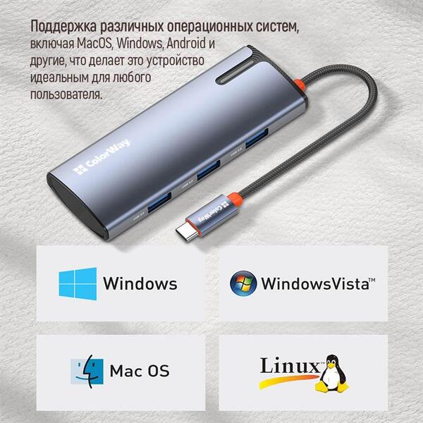 Док-станция ColorWay USB-C 5-в-1 Type C PD 100W/USB3.0х3/HDMI 4К (CW-HUB01)