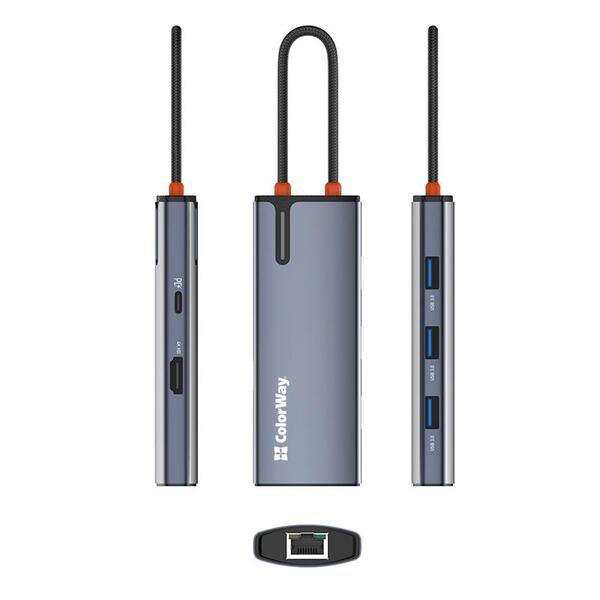 Док-станция СolorWay USB-C 6-в-1 Type C PD 100W/USB3.0х3/HDMI 4К/RJ45 (CW-HUB02)