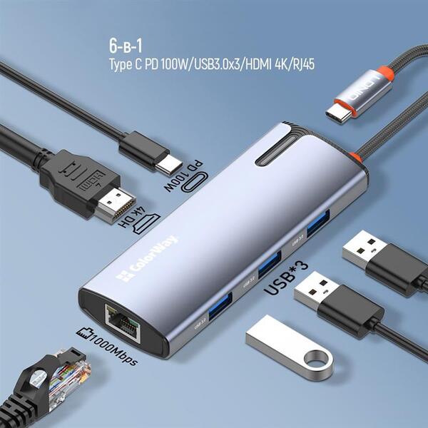 Док-станция СolorWay USB-C 6-в-1 Type C PD 100W/USB3.0х3/HDMI 4К/RJ45 (CW-HUB02)