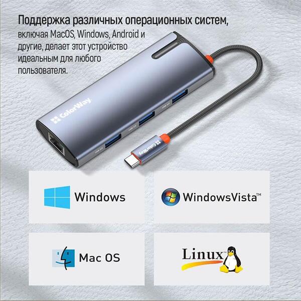 Док-станция СolorWay USB-C 6-в-1 Type C PD 100W/USB3.0х3/HDMI 4К/RJ45 (CW-HUB02)