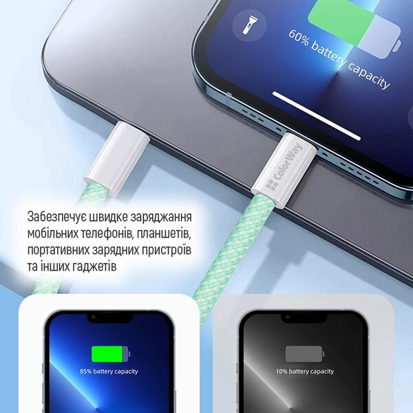 Кабель ColorWay USB Type-C + USB Type-C (M/M), 3.0 А, 1 м, Green (CW-CBPDCC061-G)