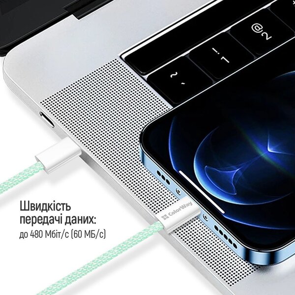 Кабель ColorWay USB Type-C + USB Type-C (M/M), 3.0 А, 1 м, Green (CW-CBPDCC061-G)