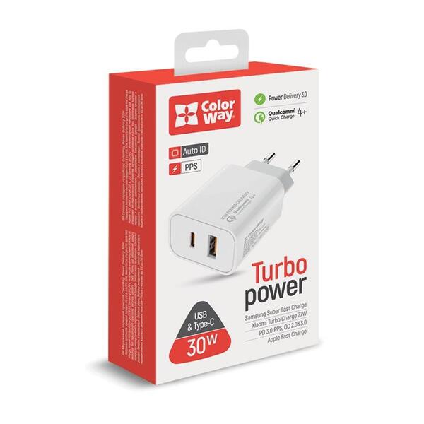 Сетевое зарядное устройство Colorway Power Delivery Port PPS (Type-C PD + USB QC3.0) (30W) White (CW-CHS037PD-WT)