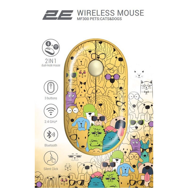 Миша 2E MF300 Pets Cats&Dogs Silent WL Yellow 2E-MF300WPETSYW