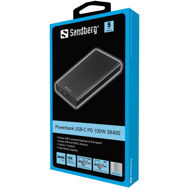 Зовнішній акумулятор (Power Bank) Sandberg PD 38400mAh 100W 20В/5А, UPS mode, 2хUSB, Type-C OUT