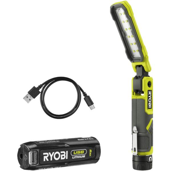 Фонарь инспекционный аккумуляторный Ryobi USB Lithium RLI4-120G, 4В, 2А·ч, 650лм, 3 режима, магнит, зажим 0.17кг