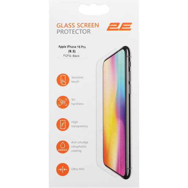 Захисне скло 2E для Apple iPhone 16 Pro 2.5D FCFG (1 Pack), black border (2E-IP-16P-6.3-SMFCFG-BB)