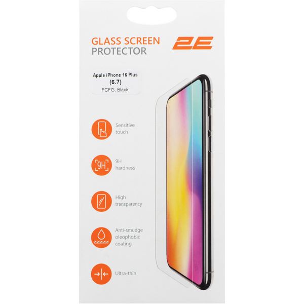 Захисне скло 2E для Apple iPhone 16 Plus(6.7), 2.5D FCFG, (1 Pack), чорна рамка