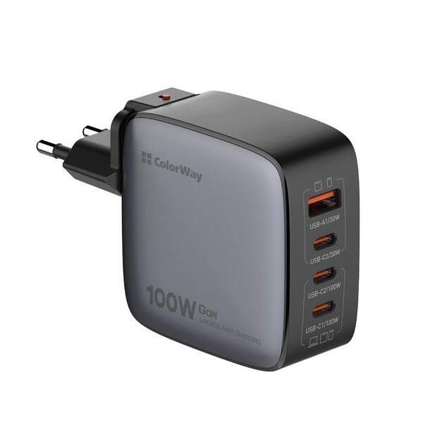 Сетевое зарядное устройство ColorWay Power Delivery GaN (USB-A + 3USB TYPE-C) 100W Black (CW-CHS047PD-BK)
