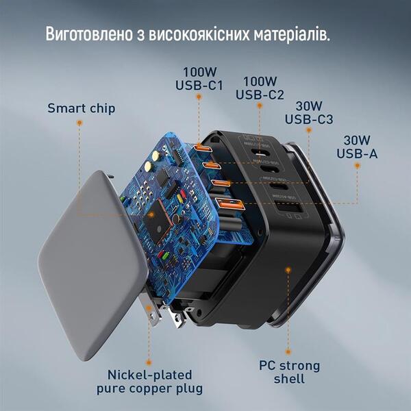 Сетевое зарядное устройство ColorWay Power Delivery GaN (USB-A + 3USB TYPE-C) 100W Black (CW-CHS047PD-BK)