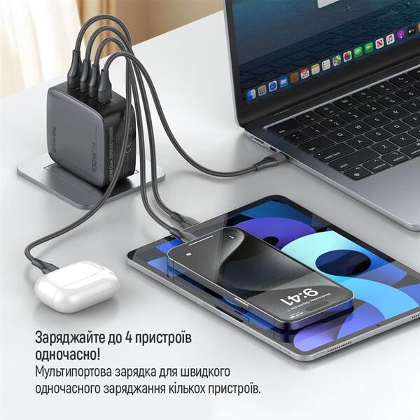 Сетевое зарядное устройство ColorWay Power Delivery GaN (USB-A + 3USB TYPE-C) 100W Black (CW-CHS047PD-BK)