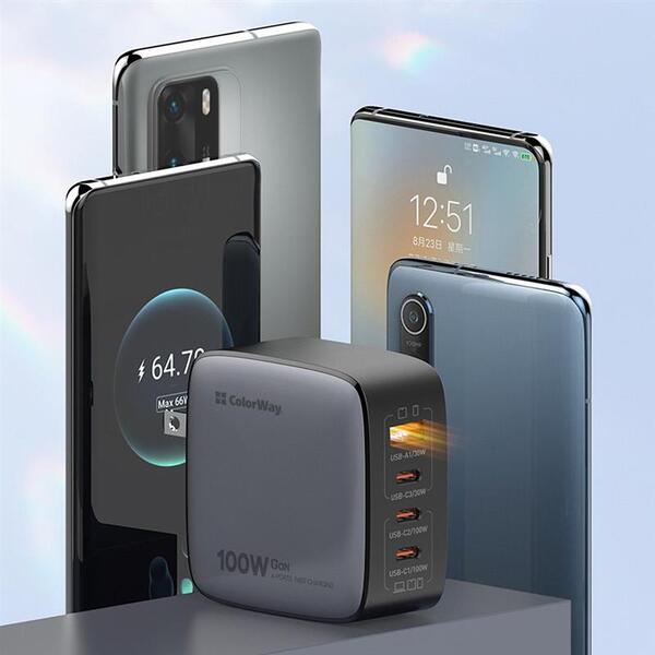 Сетевое зарядное устройство ColorWay Power Delivery GaN (USB-A + 3USB TYPE-C) 100W Black (CW-CHS047PD-BK)