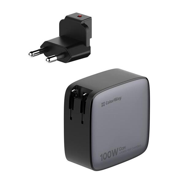 Сетевое зарядное устройство ColorWay Power Delivery GaN (USB-A + 3USB TYPE-C) 100W Black (CW-CHS047PD-BK)