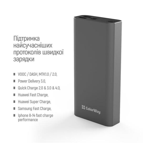 Зовнішній акумулятор (Power Bank) ColorWay 20000mAh Gray (CW-PB200LPH3GR-PDD)