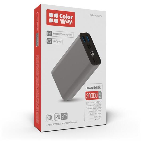 Зовнішній акумулятор (Power Bank) ColorWay 20000mAh Gray (CW-PB200LPH3GR-PDD)
