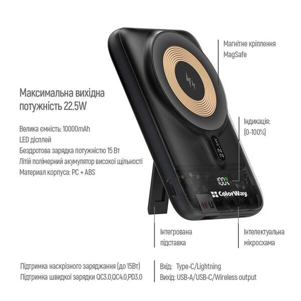 Внешний аккумулятор (Power Bank) ColorWay 15W MagSafe 10000mAh Black (CW-PB100LPA3BK-WPDD)