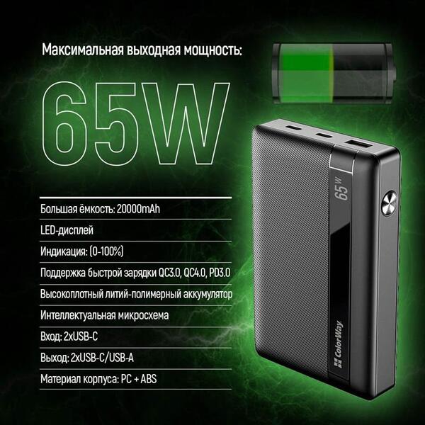 Внешний аккумулятор (Power Bank) ColorWay Powerful 20000mAh Черный (CW-PB200LPA3BK-PDD)