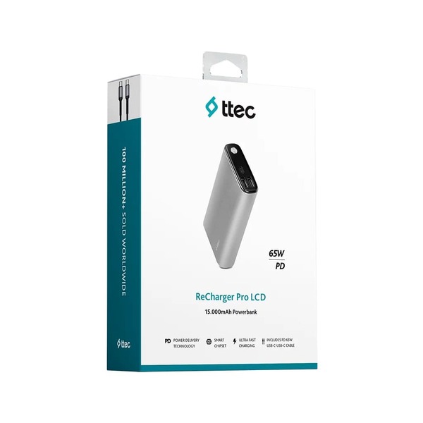 Внешний аккумулятор (Power Bank) Ttec 15000mAh ReCharger Pro LCD PD 65W Space Gray (2BB216UG)