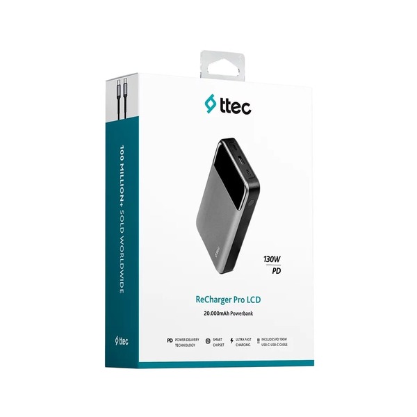 Внешний аккумулятор (Power Bank) Ttec 20000mAh ReCharger Pro LCD PD 130W Space Gray (2BB218UG)