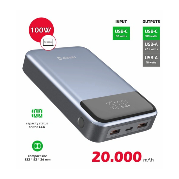 Зовнішній акумулятор (Power Bank) Swissten 20000mAh 100W Black/Silver (8595217483781)