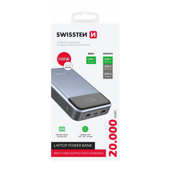 Зовнішній акумулятор (Power Bank) Swissten 20000mAh 100W Black/Silver (8595217483781)