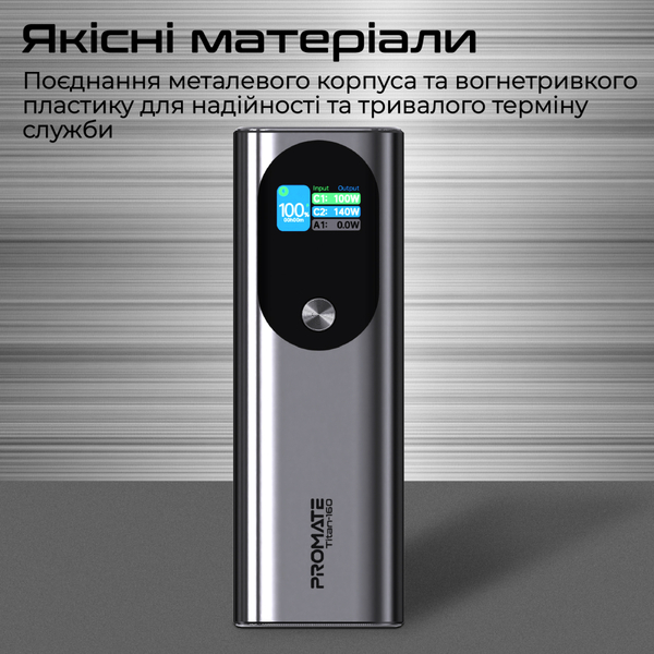 Внешний аккумулятор (Power Bank) Promate Titan-160 140W 27600mAh серый