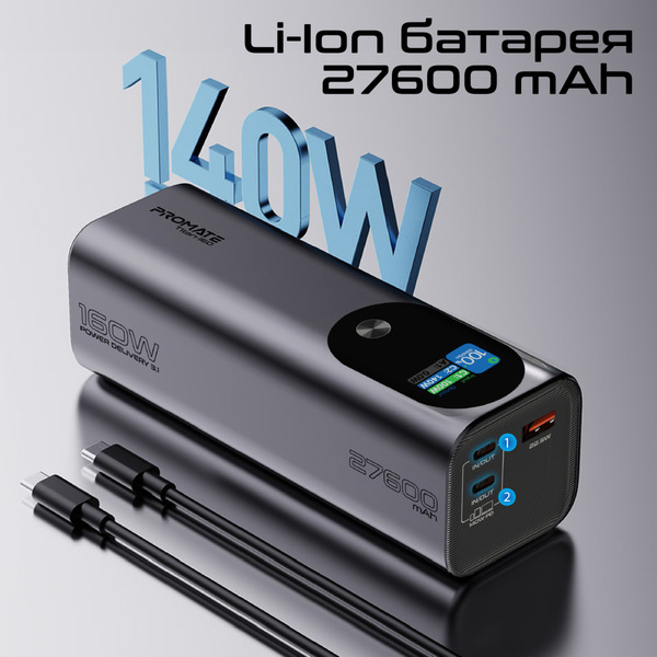 Внешний аккумулятор (Power Bank) Promate Titan-160 140W 27600mAh серый