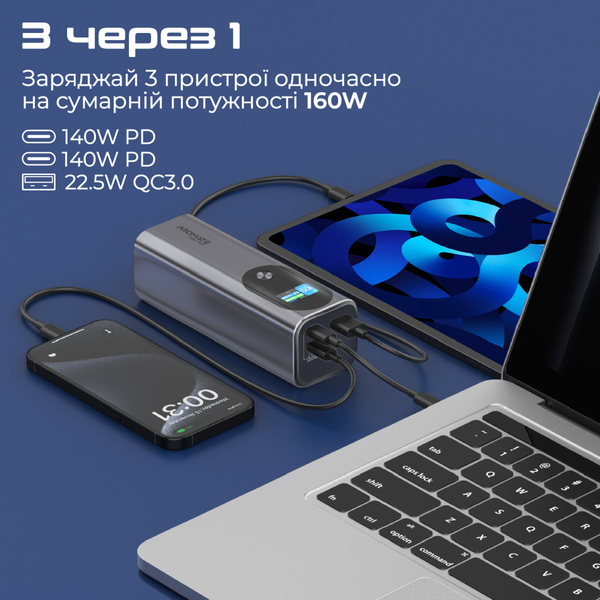 Внешний аккумулятор (Power Bank) Promate Titan-160 140W 27600mAh серый